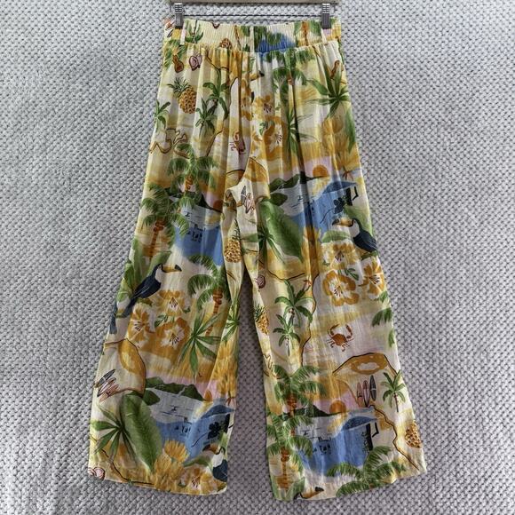 Rachel Zoe Pants S Yellow Linen Tropical Novelty Print PullOn High Rise Wide Leg - Picture 5 of 15